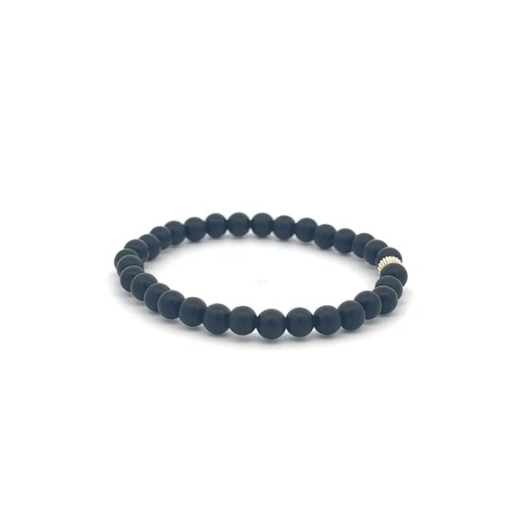 Gemstones Matte Onyx 4mm Stretchable Bracelet 14k Gold Corrugated Bead Charm - Picture 4 of 5